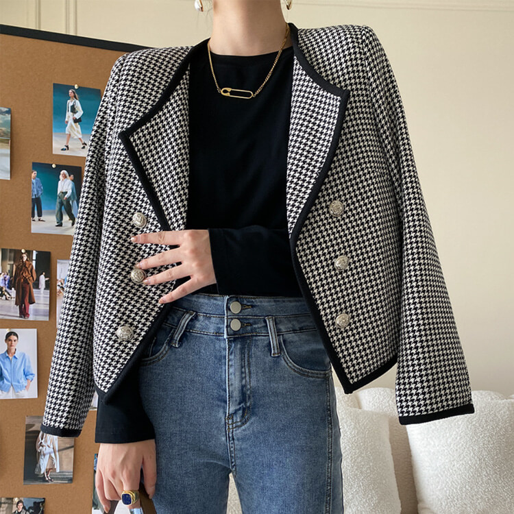 ジャケット レディース 千鳥格子 長袖 韓国 柄 ゆったり オープンおしゃれ アウター ダブルボタン ショート丈 レトロ スタイリッシュ 