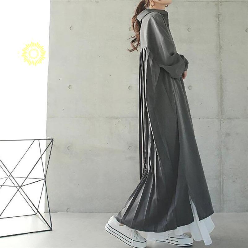 シャツワンピース バックプリーツ レディース 春秋服 きれいめ ゆったり 二次会 長袖 秋物 着痩せ ロング丈ボタン Aライン シャツ 