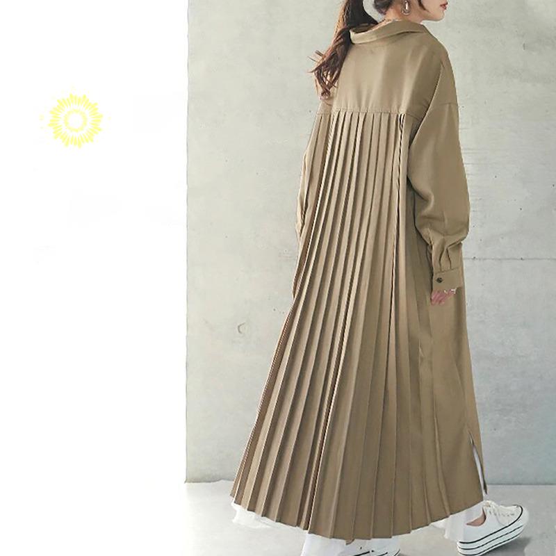 シャツワンピース バックプリーツ レディース 春秋服 きれいめ ゆったり 二次会 長袖 秋物 着痩せ ロング丈ボタン Aライン シャツ 