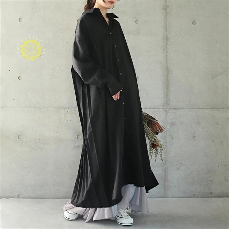 シャツワンピース バックプリーツ レディース 春秋服 きれいめ ゆったり 二次会 長袖 秋物 着痩せ ロング丈ボタン Aライン シャツ 