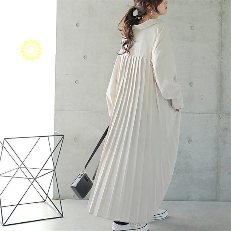 シャツワンピース バックプリーツ レディース 春秋服 きれいめ ゆったり 二次会 長袖 秋物 着痩せ ロング丈ボタン Aライン シャツ 