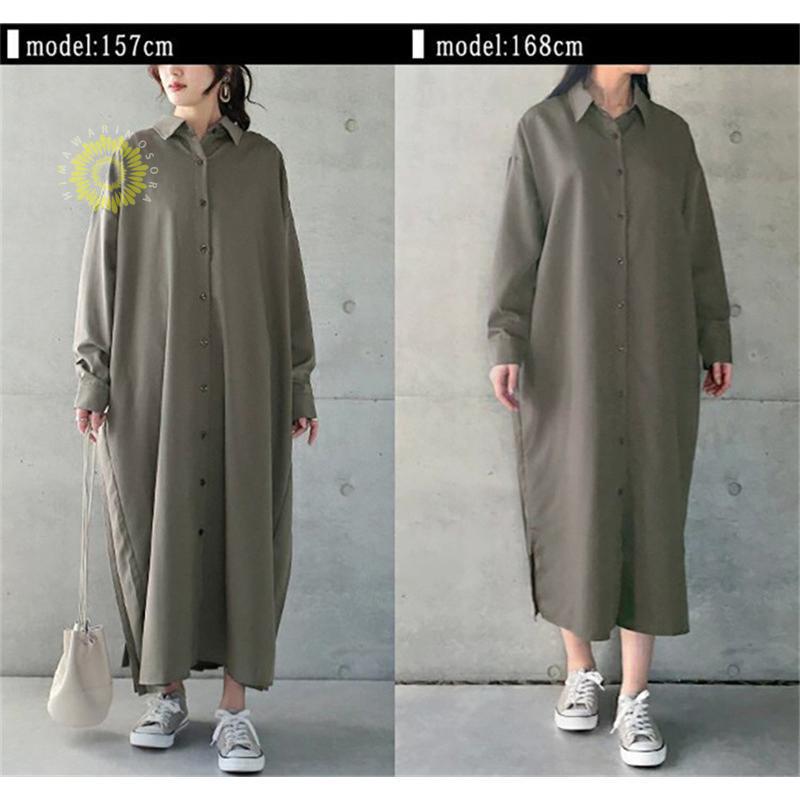 シャツワンピース バックプリーツ レディース 春秋服 きれいめ ゆったり 二次会 長袖 秋物 着痩せ ロング丈ボタン Aライン シャツ 