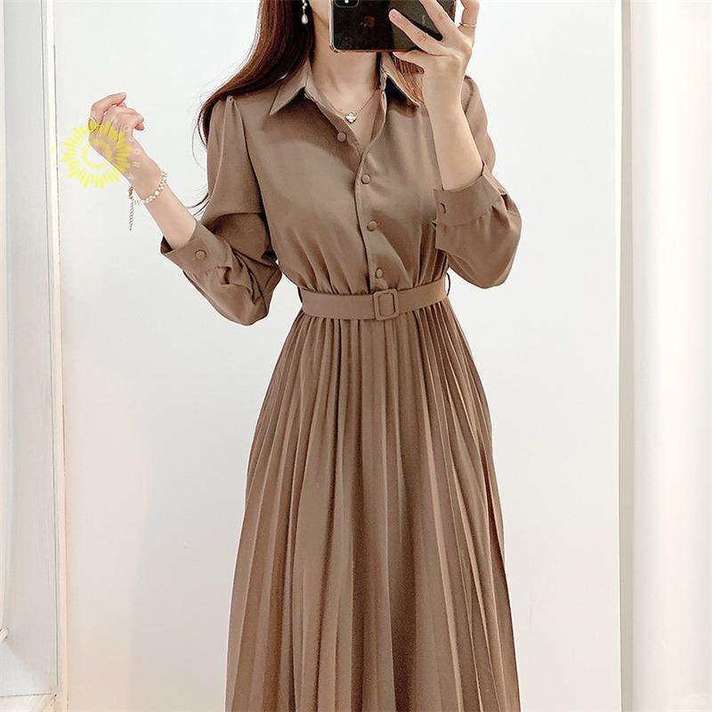 ワンピース プリーツ レディース ベルト 春秋服 きれいめ Aライン 二次会 シフォン シャツ 長袖 ハイウエスト 秋物 着痩せ ロング丈 