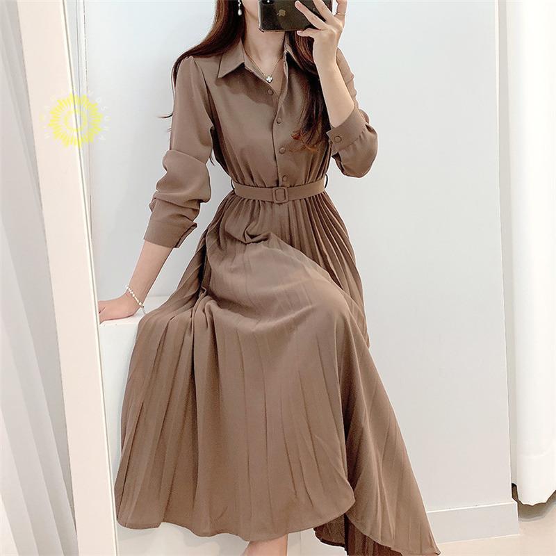 ワンピース プリーツ レディース ベルト 春秋服 きれいめ Aライン 二次会 シフォン シャツ 長袖 ハイウエスト 秋物 着痩せ ロング丈 