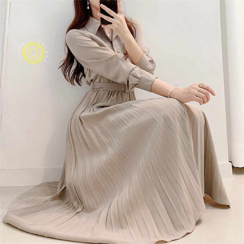 ワンピース プリーツ レディース ベルト 春秋服 きれいめ Aライン 二次会 シフォン シャツ 長袖 ハイウエスト 秋物 着痩せ ロング丈 