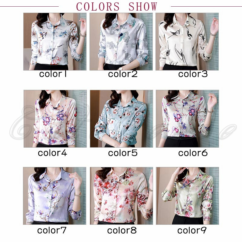 シャツ 花柄 長袖 レディース ブラウス サテン風 事務服 ビジネス 送料無料 大きいサイズ 結婚式 梅 通勤 就活 連の花 薔薇 OL オフィス 高級感 お洒落 