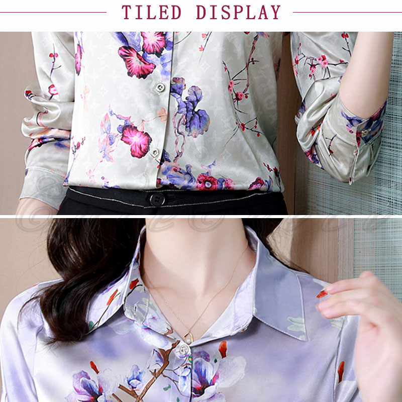 シャツ 花柄 長袖 レディース ブラウス サテン風 事務服 ビジネス 送料無料 大きいサイズ 結婚式 梅 通勤 就活 連の花 薔薇 OL オフィス 高級感 お洒落 