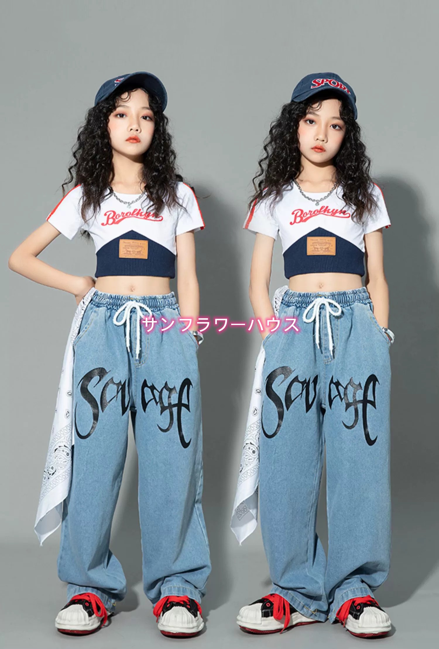 キッズ ダンス 衣装 チアガール ヒップホップ ヘソ出し ステージ 演出服 ダンスウェア セットアップ Tシャツ JAZZ ジャッズ 女の子 キッズダンス衣装 