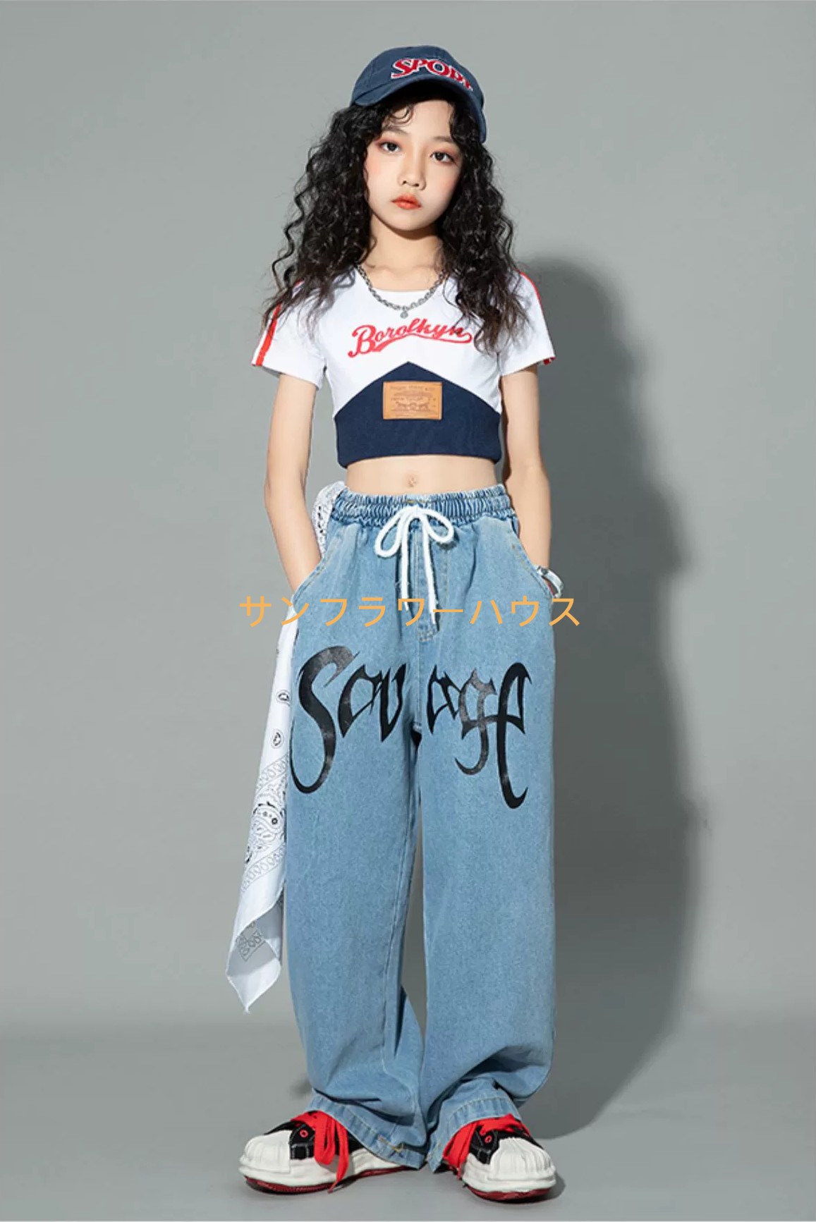 キッズ ダンス 衣装 チアガール ヒップホップ ヘソ出し ステージ 演出服 ダンスウェア セットアップ Tシャツ JAZZ ジャッズ 女の子 キッズダンス衣装 