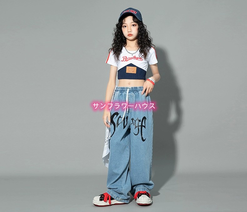 キッズ ダンス 衣装 チアガール ヒップホップ ヘソ出し ステージ 演出服 ダンスウェア セットアップ Tシャツ JAZZ ジャッズ 女の子 キッズダンス衣装 