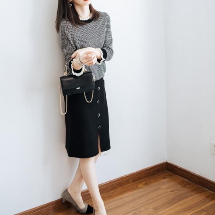 トップス ニット フリル カットソー セーター レディース エレきれいめ 可愛い おしゃれ カジュアル キレカジ 長袖 大人 バイカラ チェック フェミニン 