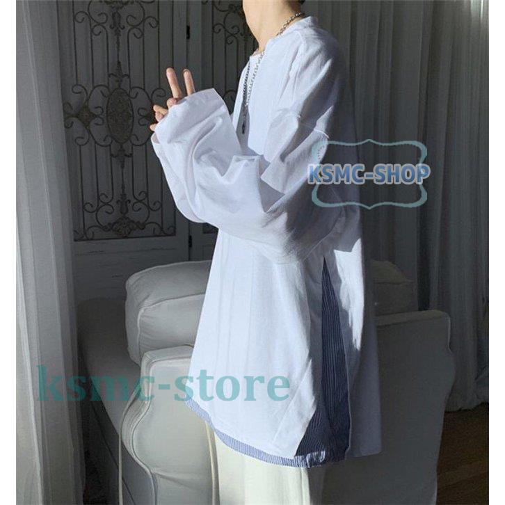 Tシャツ メンズ 重ね着 縞柄 長袖 秋 大きいサイズ カジュアル 春 お兄系 ゆったり 丸首 トップス 