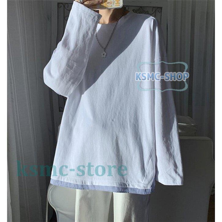 Tシャツ メンズ 重ね着 縞柄 長袖 秋 大きいサイズ カジュアル 春 お兄系 ゆったり 丸首 トップス 