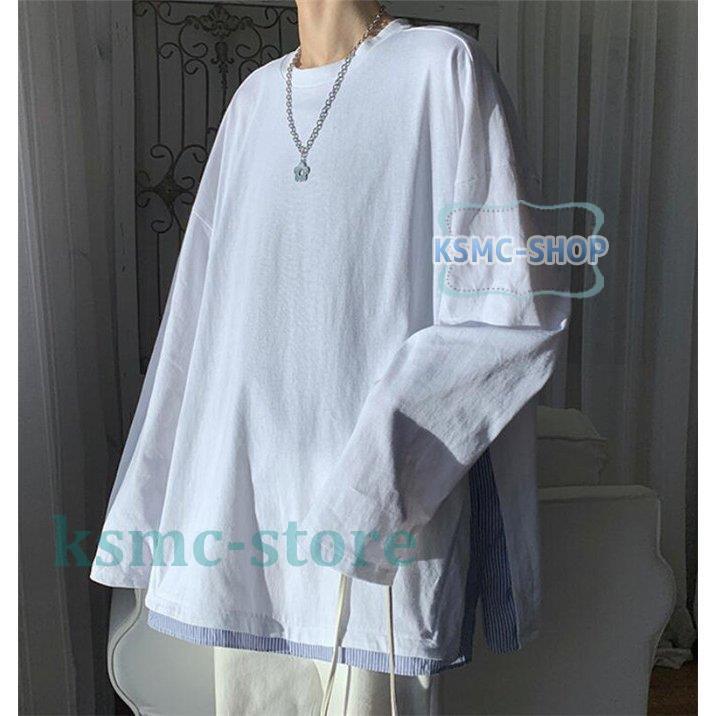 Tシャツ メンズ 重ね着 縞柄 長袖 秋 大きいサイズ カジュアル 春 お兄系 ゆったり 丸首 トップス 