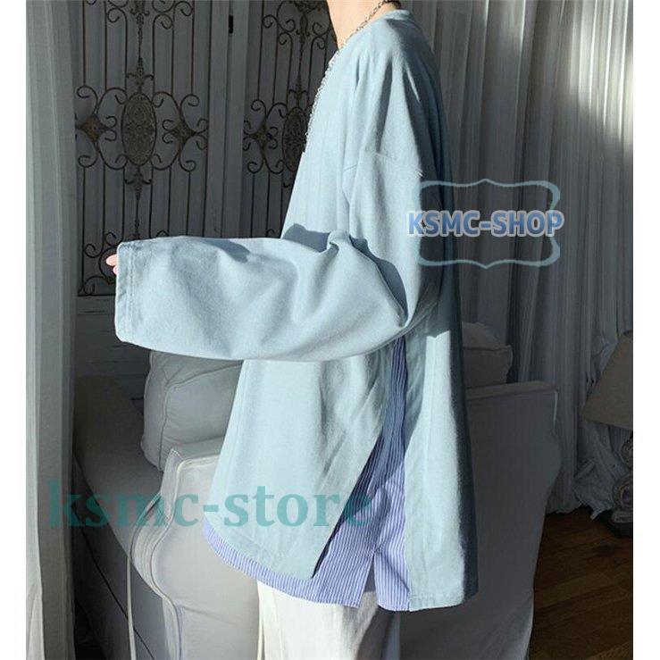 Tシャツ メンズ 重ね着 縞柄 長袖 秋 大きいサイズ カジュアル 春 お兄系 ゆったり 丸首 トップス 