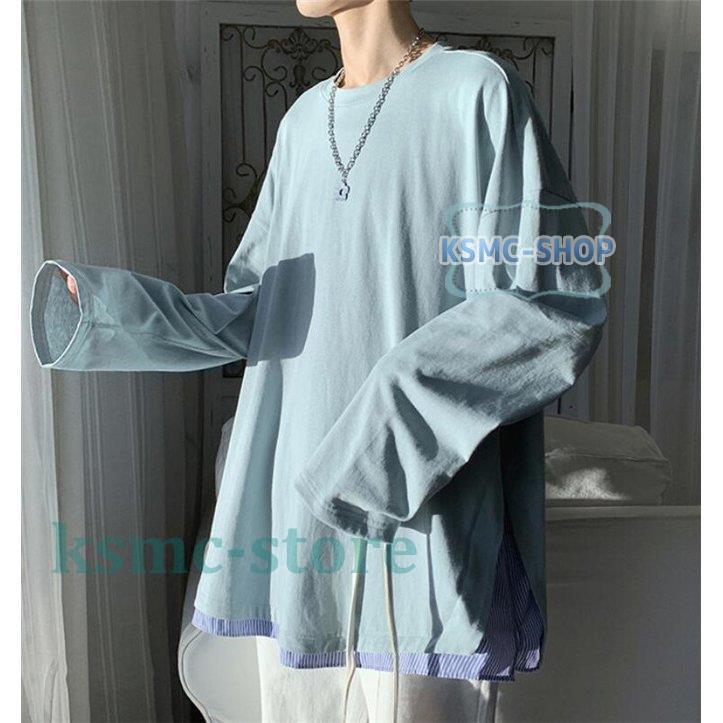 Tシャツ メンズ 重ね着 縞柄 長袖 秋 大きいサイズ カジュアル 春 お兄系 ゆったり 丸首 トップス 