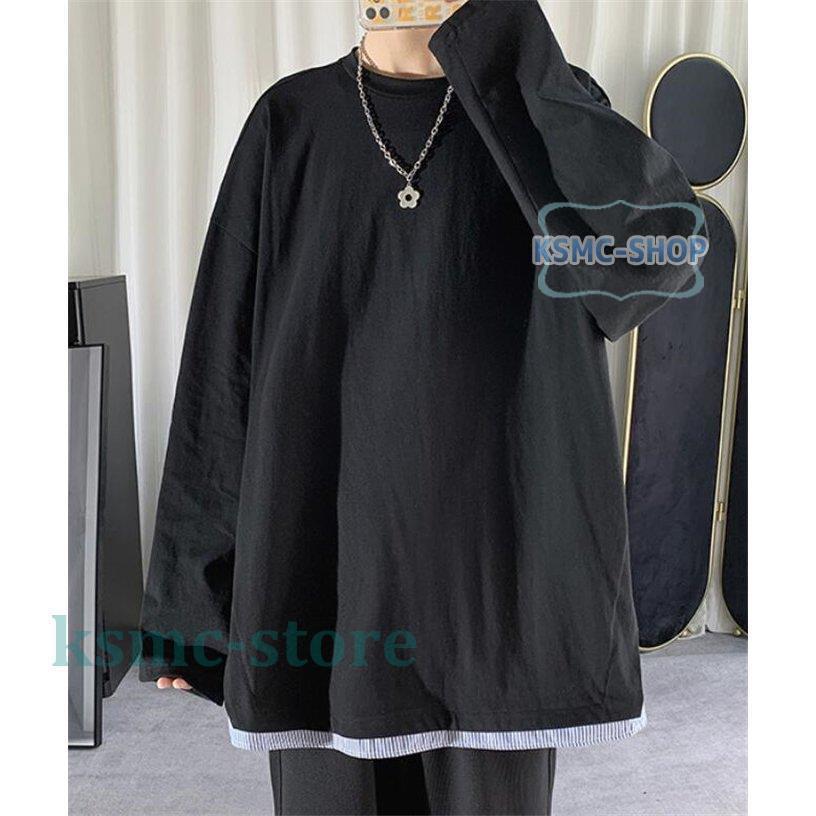 Tシャツ メンズ 重ね着 縞柄 長袖 秋 大きいサイズ カジュアル 春 お兄系 ゆったり 丸首 トップス 