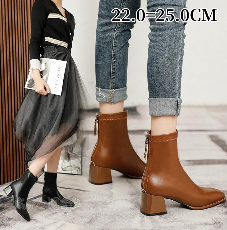 5COLOR バックジッパー ブーツ ショートブーツ スクエアトゥ 太ヒール 靴 4.5CMヒール 疲れない 秋冬 チャンキーヒール 柔らかい ローヒール レディース 