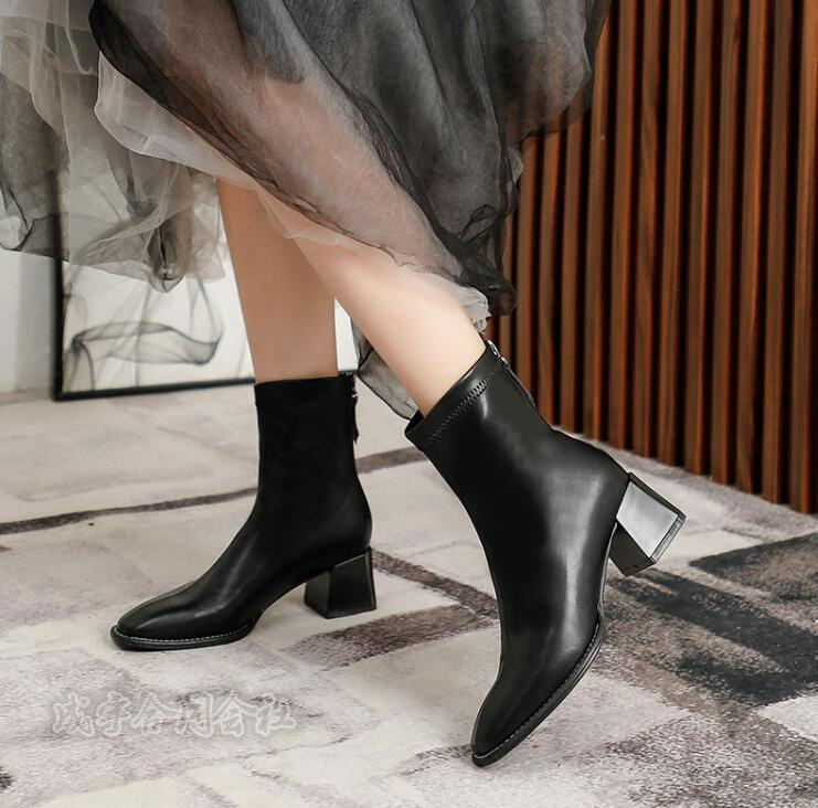 5COLOR バックジッパー ブーツ ショートブーツ スクエアトゥ 太ヒール 靴 4.5CMヒール 疲れない 秋冬 チャンキーヒール 柔らかい ローヒール レディース 