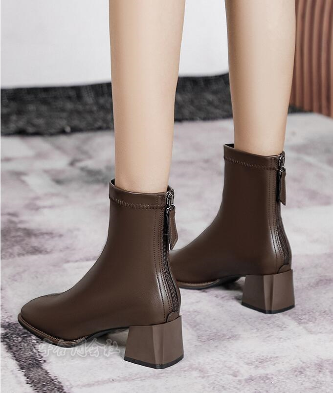 5COLOR バックジッパー ブーツ ショートブーツ スクエアトゥ 太ヒール 靴 4.5CMヒール 疲れない 秋冬 チャンキーヒール 柔らかい ローヒール レディース 