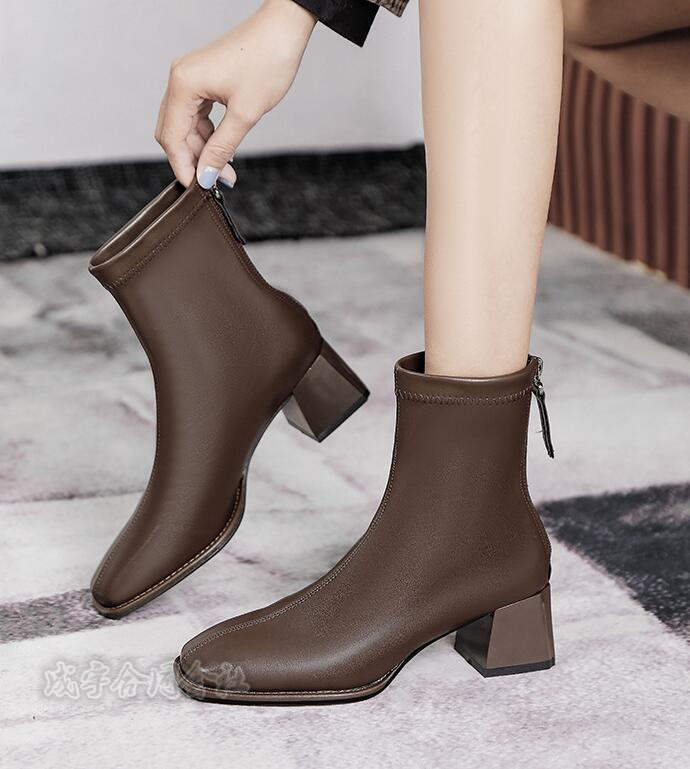 5COLOR バックジッパー ブーツ ショートブーツ スクエアトゥ 太ヒール 靴 4.5CMヒール 疲れない 秋冬 チャンキーヒール 柔らかい ローヒール レディース 