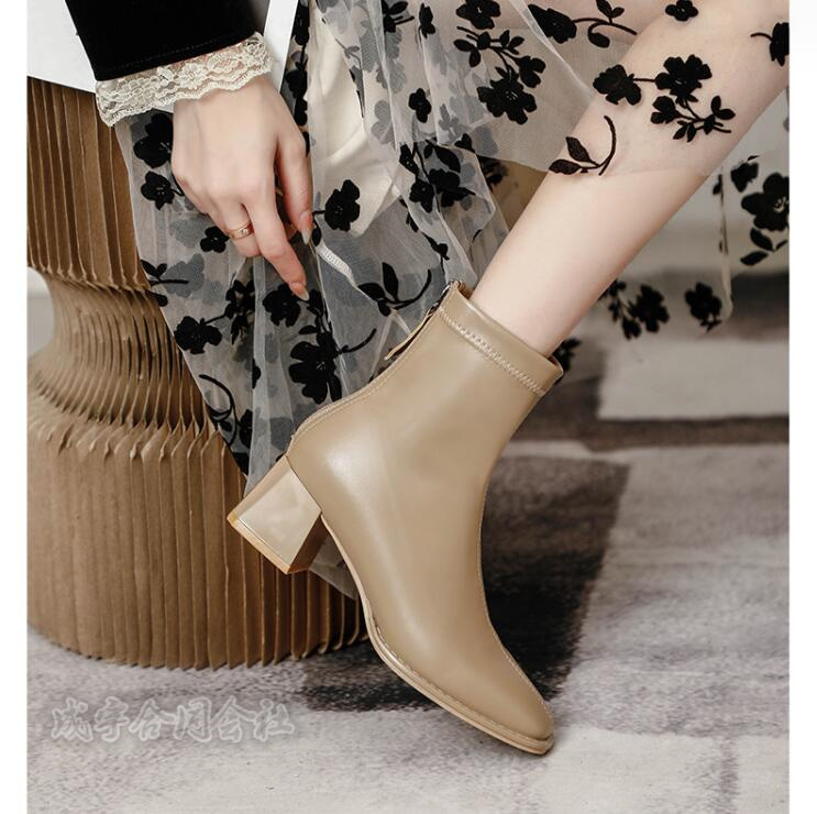 5COLOR バックジッパー ブーツ ショートブーツ スクエアトゥ 太ヒール 靴 4.5CMヒール 疲れない 秋冬 チャンキーヒール 柔らかい ローヒール レディース 