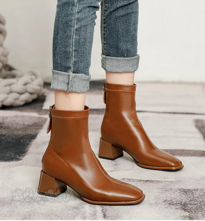 5COLOR バックジッパー ブーツ ショートブーツ スクエアトゥ 太ヒール 靴 4.5CMヒール 疲れない 秋冬 チャンキーヒール 柔らかい ローヒール レディース 