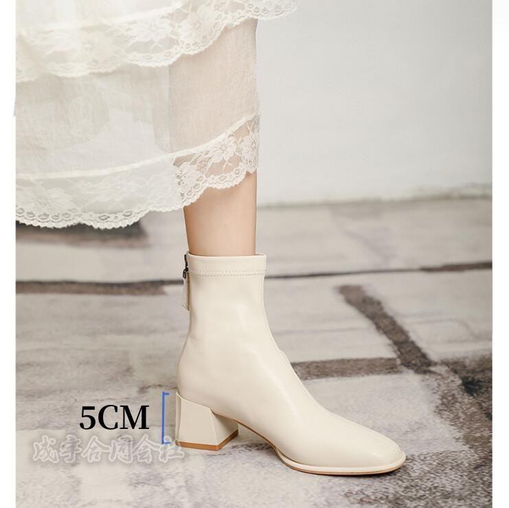 5COLOR バックジッパー ブーツ ショートブーツ スクエアトゥ 太ヒール 靴 4.5CMヒール 疲れない 秋冬 チャンキーヒール 柔らかい ローヒール レディース 