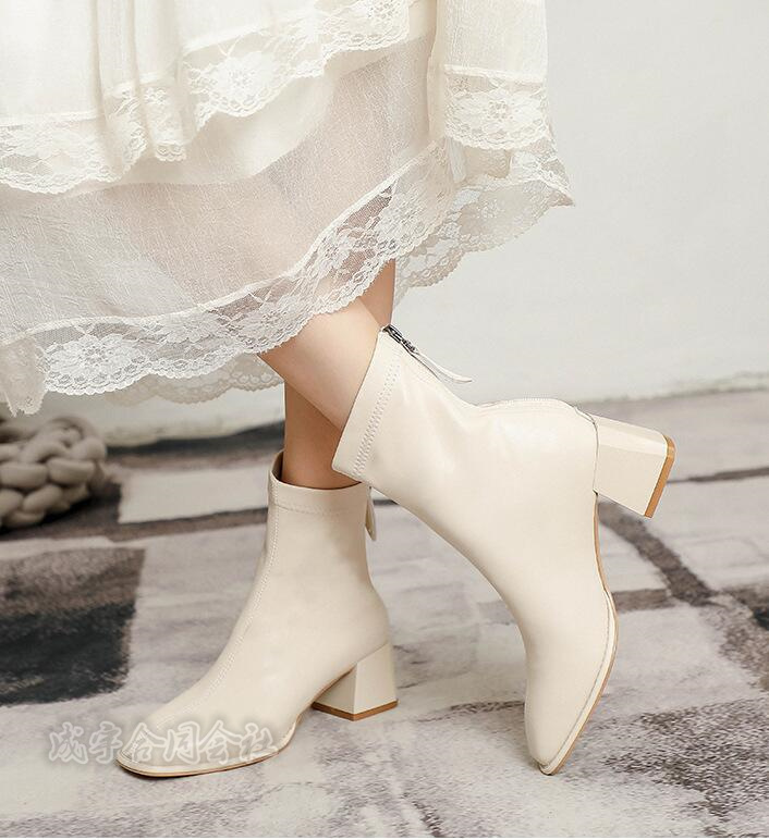 5COLOR バックジッパー ブーツ ショートブーツ スクエアトゥ 太ヒール 靴 4.5CMヒール 疲れない 秋冬 チャンキーヒール 柔らかい ローヒール レディース 