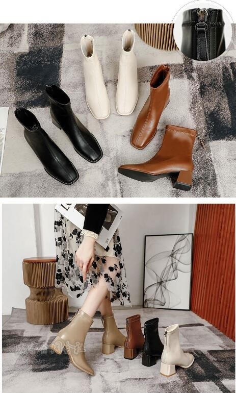 5COLOR バックジッパー ブーツ ショートブーツ スクエアトゥ 太ヒール 靴 4.5CMヒール 疲れない 秋冬 チャンキーヒール 柔らかい ローヒール レディース 