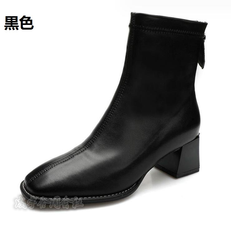 5COLOR バックジッパー ブーツ ショートブーツ スクエアトゥ 太ヒール 靴 4.5CMヒール 疲れない 秋冬 チャンキーヒール 柔らかい ローヒール レディース 