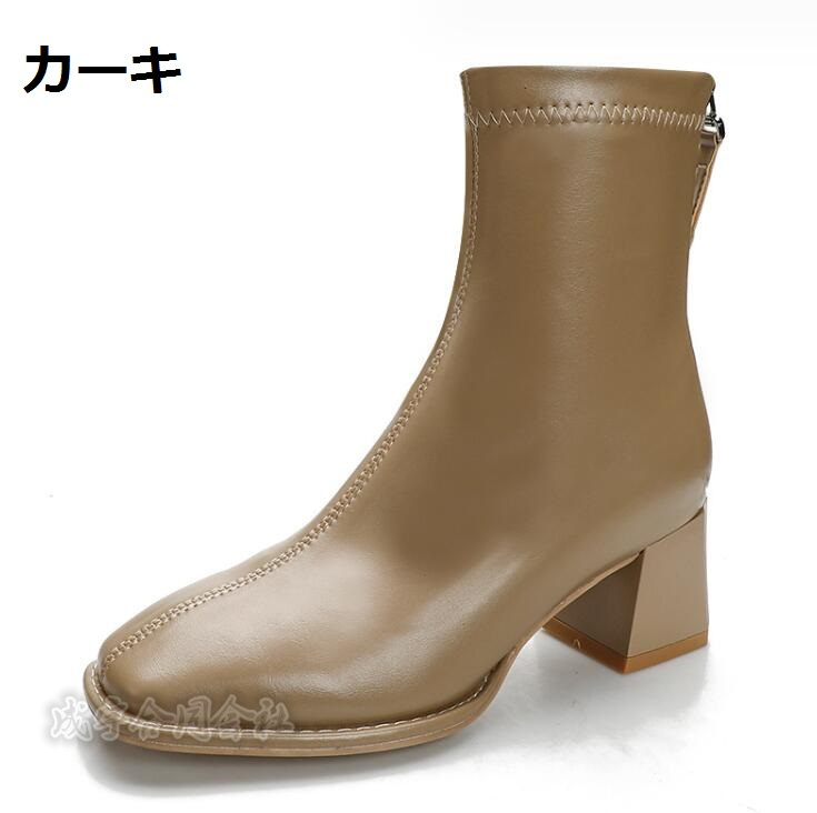 5COLOR バックジッパー ブーツ ショートブーツ スクエアトゥ 太ヒール 靴 4.5CMヒール 疲れない 秋冬 チャンキーヒール 柔らかい ローヒール レディース 