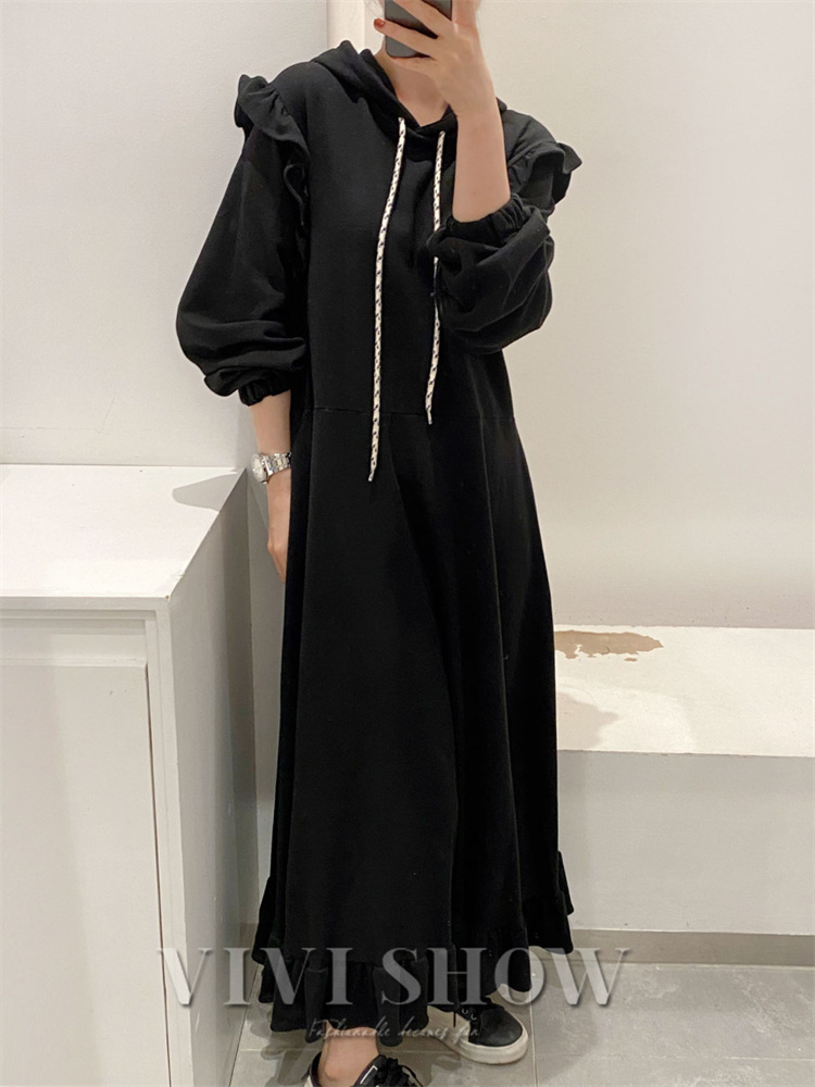 レディース 長袖 ワンピース ワンピ フード付き ロング丈 着やすい おしゃれ かわいい ノー肩フ お出かけ カジュアル シンプル 