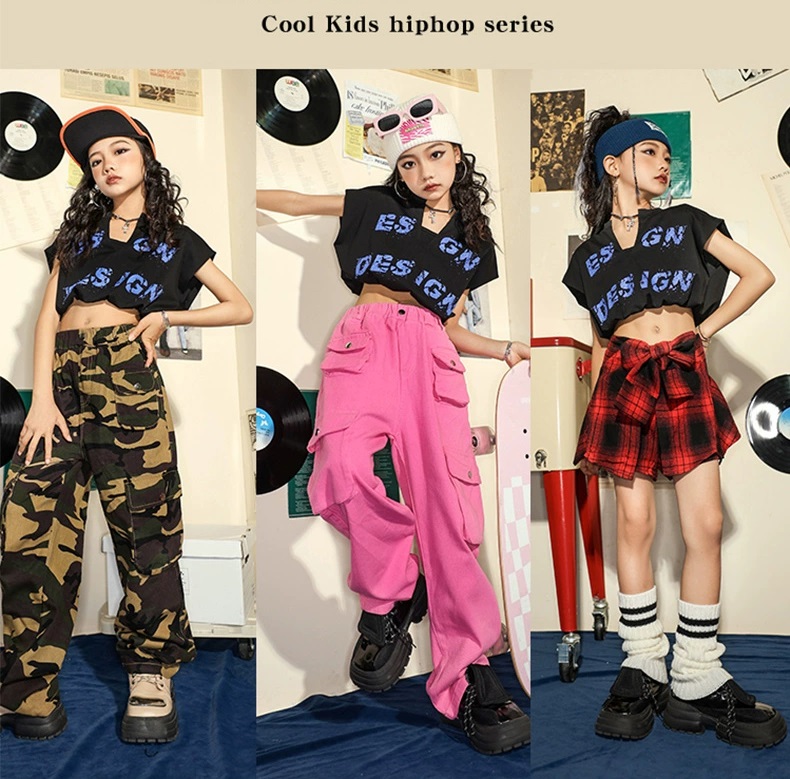 ダンス衣装 キッズ K-POP 韓国 ガールズ ヒップホップ 黒ピンク 子供ダンス服 迷彩パンツ レッスン着 ダンスウェア パンツ ヘソ出しトップス 赤 