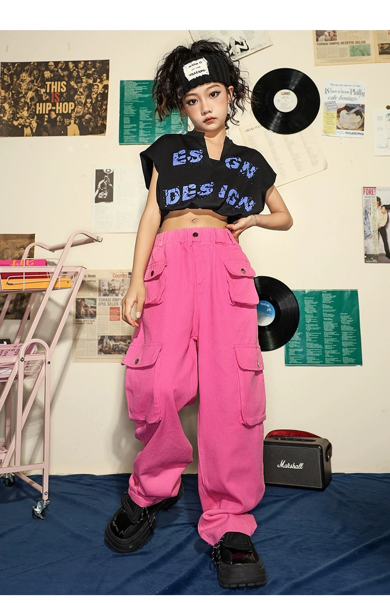 ダンス衣装 キッズ K-POP 韓国 ガールズ ヒップホップ 黒ピンク 子供ダンス服 迷彩パンツ レッスン着 ダンスウェア パンツ ヘソ出しトップス 赤 