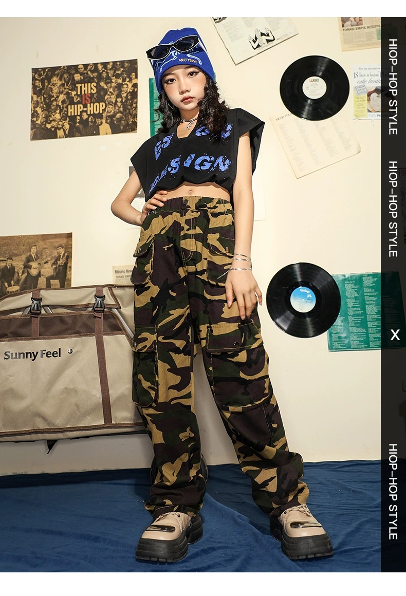 ダンス衣装 キッズ K-POP 韓国 ガールズ ヒップホップ 黒ピンク 子供ダンス服 迷彩パンツ レッスン着 ダンスウェア パンツ ヘソ出しトップス 赤 