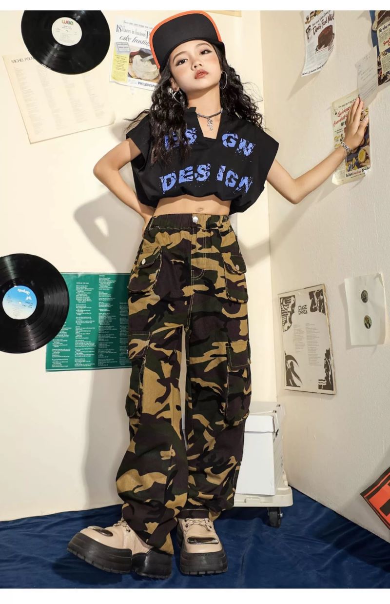 ダンス衣装 キッズ K-POP 韓国 ガールズ ヒップホップ 黒ピンク 子供ダンス服 迷彩パンツ レッスン着 ダンスウェア パンツ ヘソ出しトップス 赤 