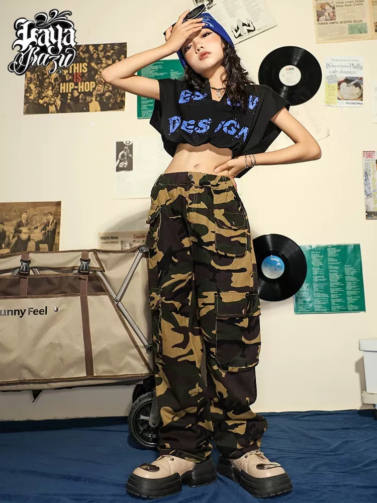 ダンス衣装 キッズ K-POP 韓国 ガールズ ヒップホップ 黒ピンク 子供ダンス服 迷彩パンツ レッスン着 ダンスウェア パンツ ヘソ出しトップス 赤 