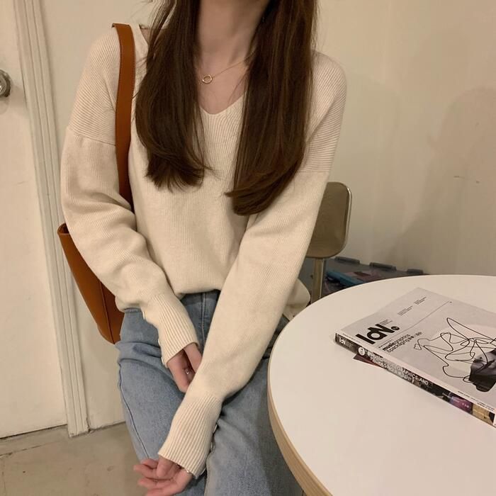 トップス ニット カットソー レディース きれいめ カジュアル ブラウン Vネック 大人 おしゃれ ベージュ ゆったり 長袖 シンプル 可愛い 体型カバー ベーシック 