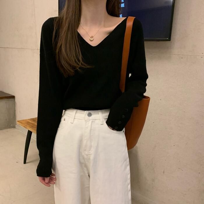 トップス ニット カットソー レディース きれいめ カジュアル ブラウン Vネック 大人 おしゃれ ベージュ ゆったり 長袖 シンプル 可愛い 体型カバー ベーシック 