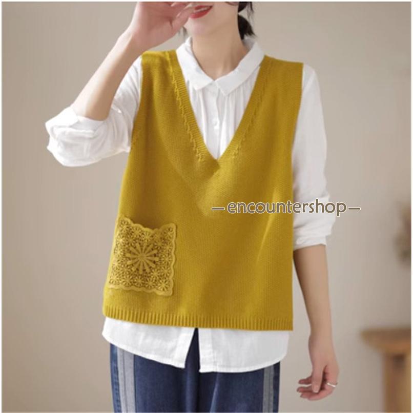 ニットベスト レディース チョッキ トップス ベスト 薄手 ゆったり ノースリーブ ポケット おしゃれ 秋コーデ カジュアル 重ね着 無地 シンプル 