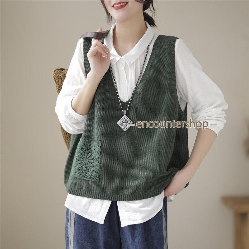 ニットベスト レディース チョッキ トップス ベスト 薄手 ゆったり ノースリーブ ポケット おしゃれ 秋コーデ カジュアル 重ね着 無地 シンプル 