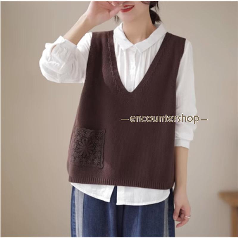 ニットベスト レディース チョッキ トップス ベスト 薄手 ゆったり ノースリーブ ポケット おしゃれ 秋コーデ カジュアル 重ね着 無地 シンプル 