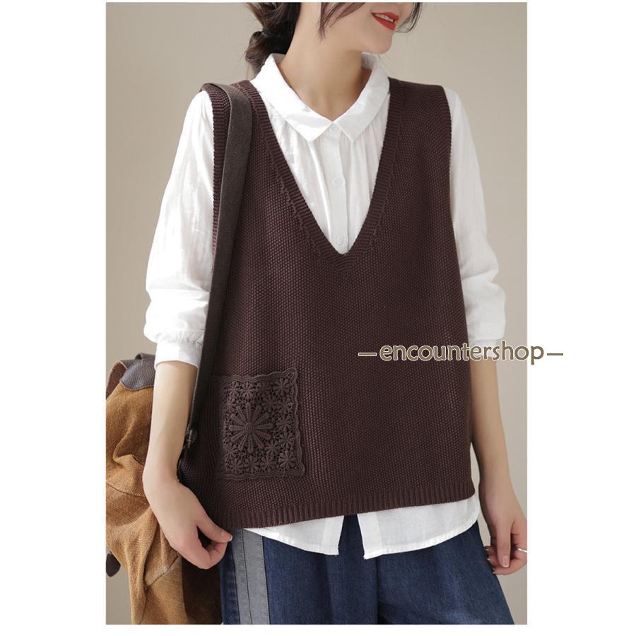 ニットベスト レディース チョッキ トップス ベスト 薄手 ゆったり ノースリーブ ポケット おしゃれ 秋コーデ カジュアル 重ね着 無地 シンプル 