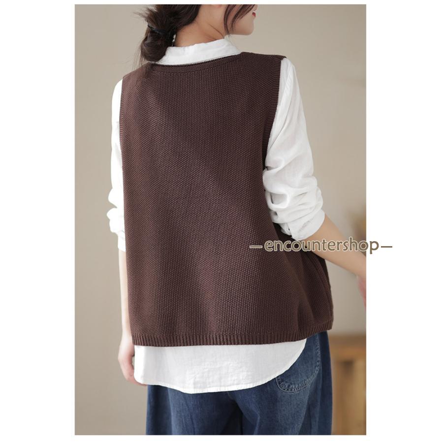 ニットベスト レディース チョッキ トップス ベスト 薄手 ゆったり ノースリーブ ポケット おしゃれ 秋コーデ カジュアル 重ね着 無地 シンプル 