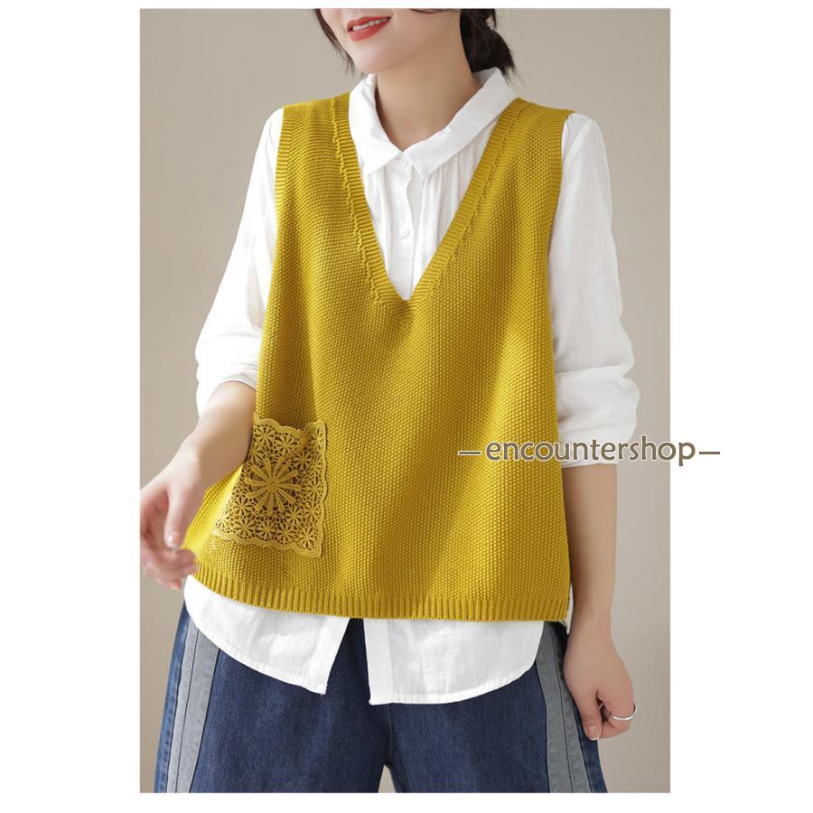 ニットベスト レディース チョッキ トップス ベスト 薄手 ゆったり ノースリーブ ポケット おしゃれ 秋コーデ カジュアル 重ね着 無地 シンプル 