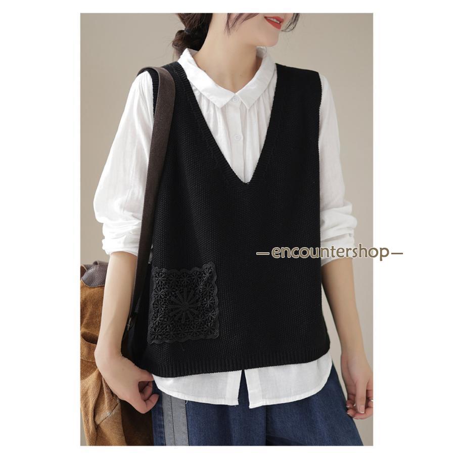 ニットベスト レディース チョッキ トップス ベスト 薄手 ゆったり ノースリーブ ポケット おしゃれ 秋コーデ カジュアル 重ね着 無地 シンプル 
