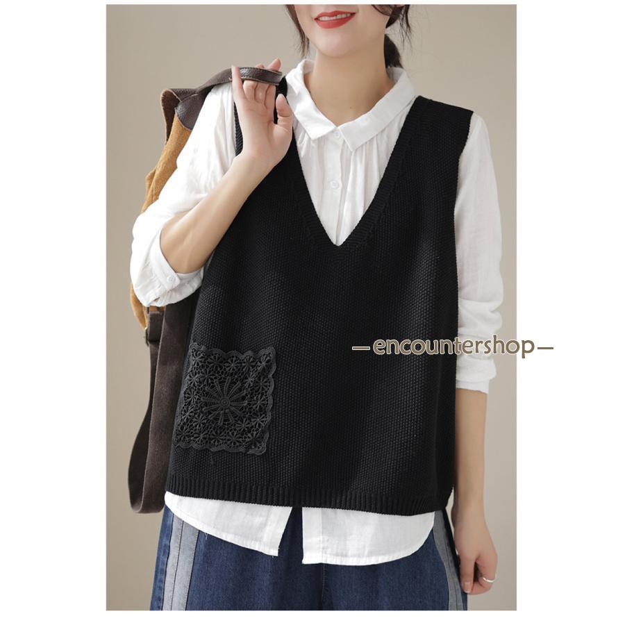 ニットベスト レディース チョッキ トップス ベスト 薄手 ゆったり ノースリーブ ポケット おしゃれ 秋コーデ カジュアル 重ね着 無地 シンプル 