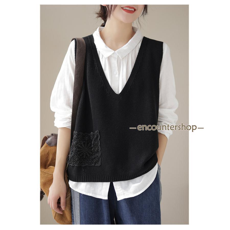 ニットベスト レディース チョッキ トップス ベスト 薄手 ゆったり ノースリーブ ポケット おしゃれ 秋コーデ カジュアル 重ね着 無地 シンプル 