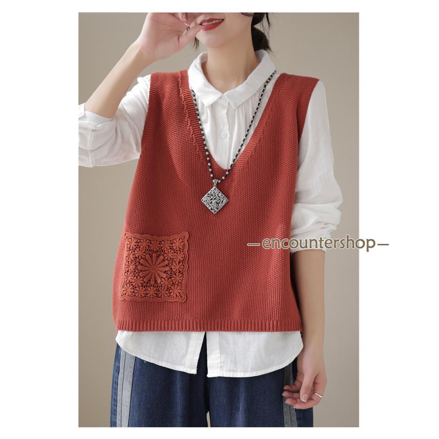 ニットベスト レディース チョッキ トップス ベスト 薄手 ゆったり ノースリーブ ポケット おしゃれ 秋コーデ カジュアル 重ね着 無地 シンプル 